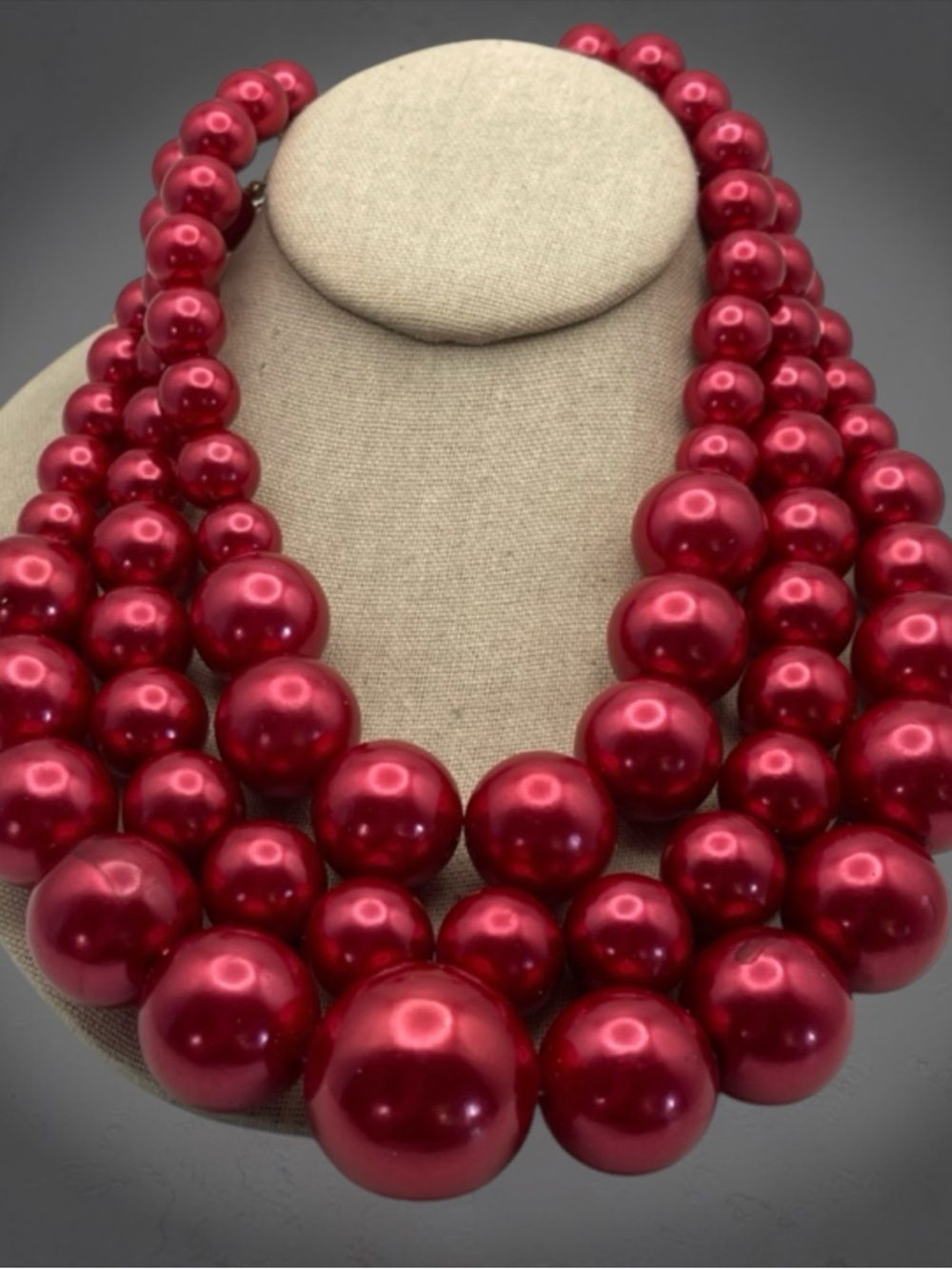 Bodacious Triple Strand Pearlized Raspberry Graduated Beads Statement Necklace